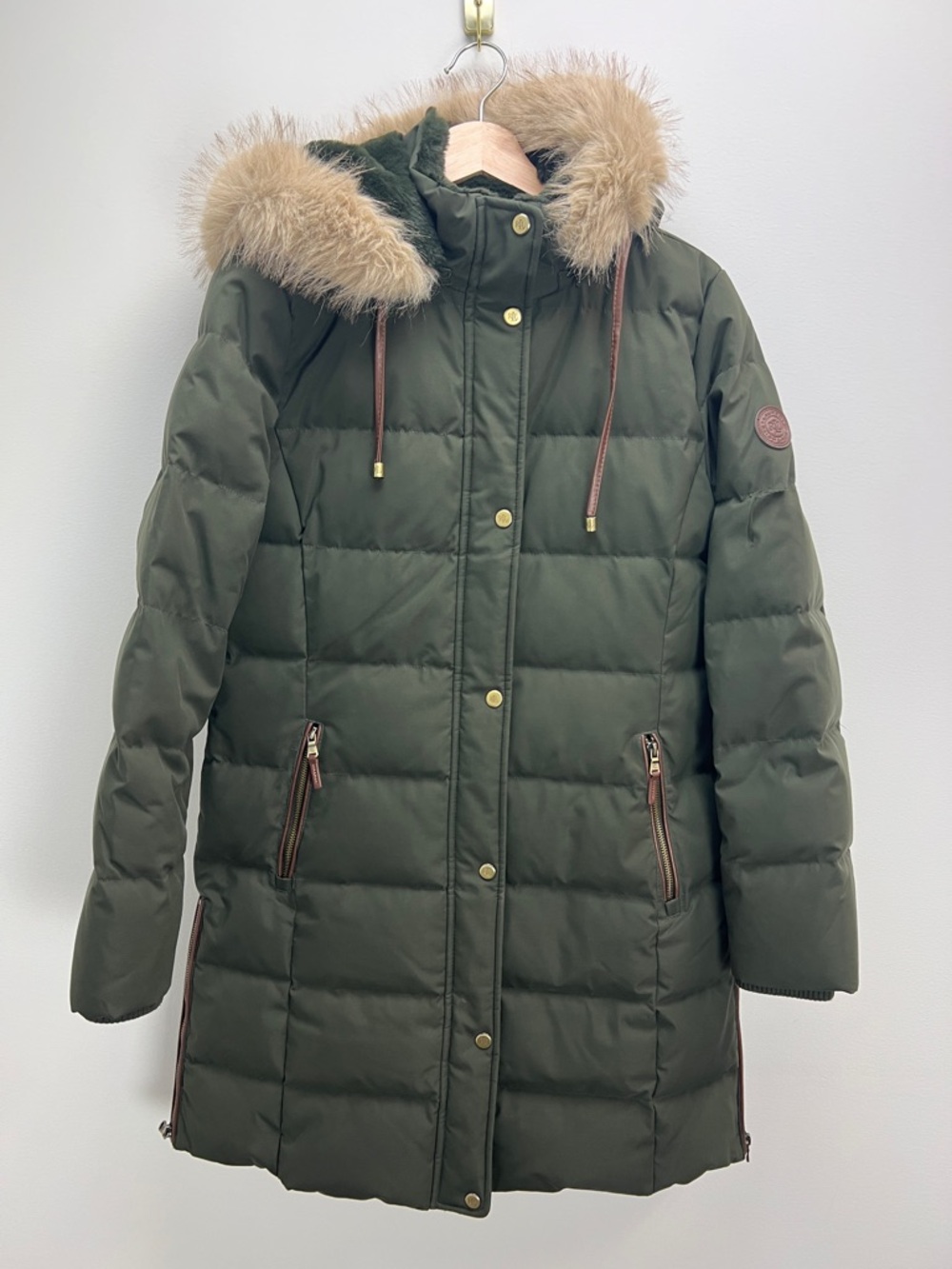 Lauren Ralph Lauren Down Puffer Coat Green Leather Trim Faux Fur Womens Medium
